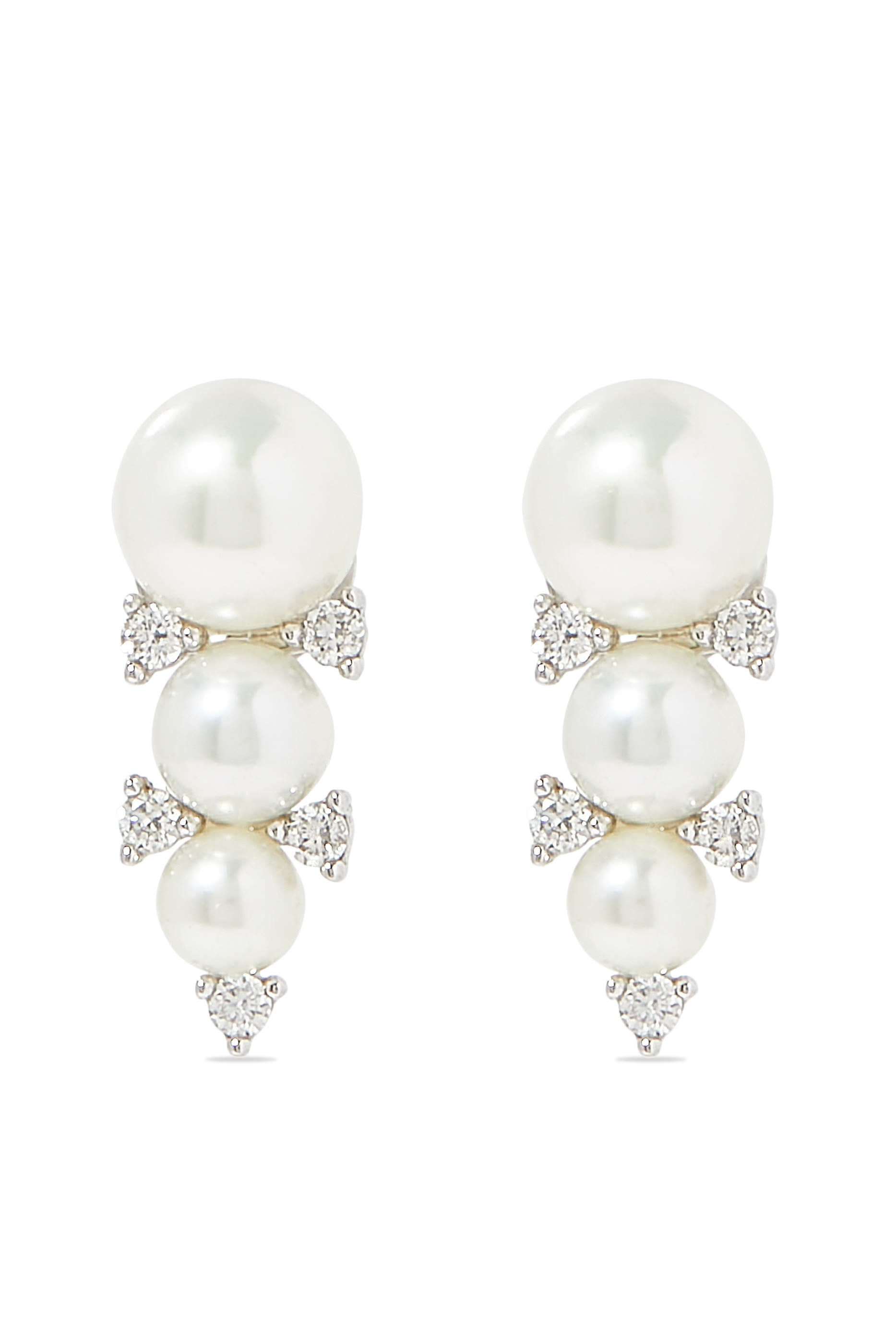 Triple Pearl Stud Earrings, 18k White Gold & Diamonds