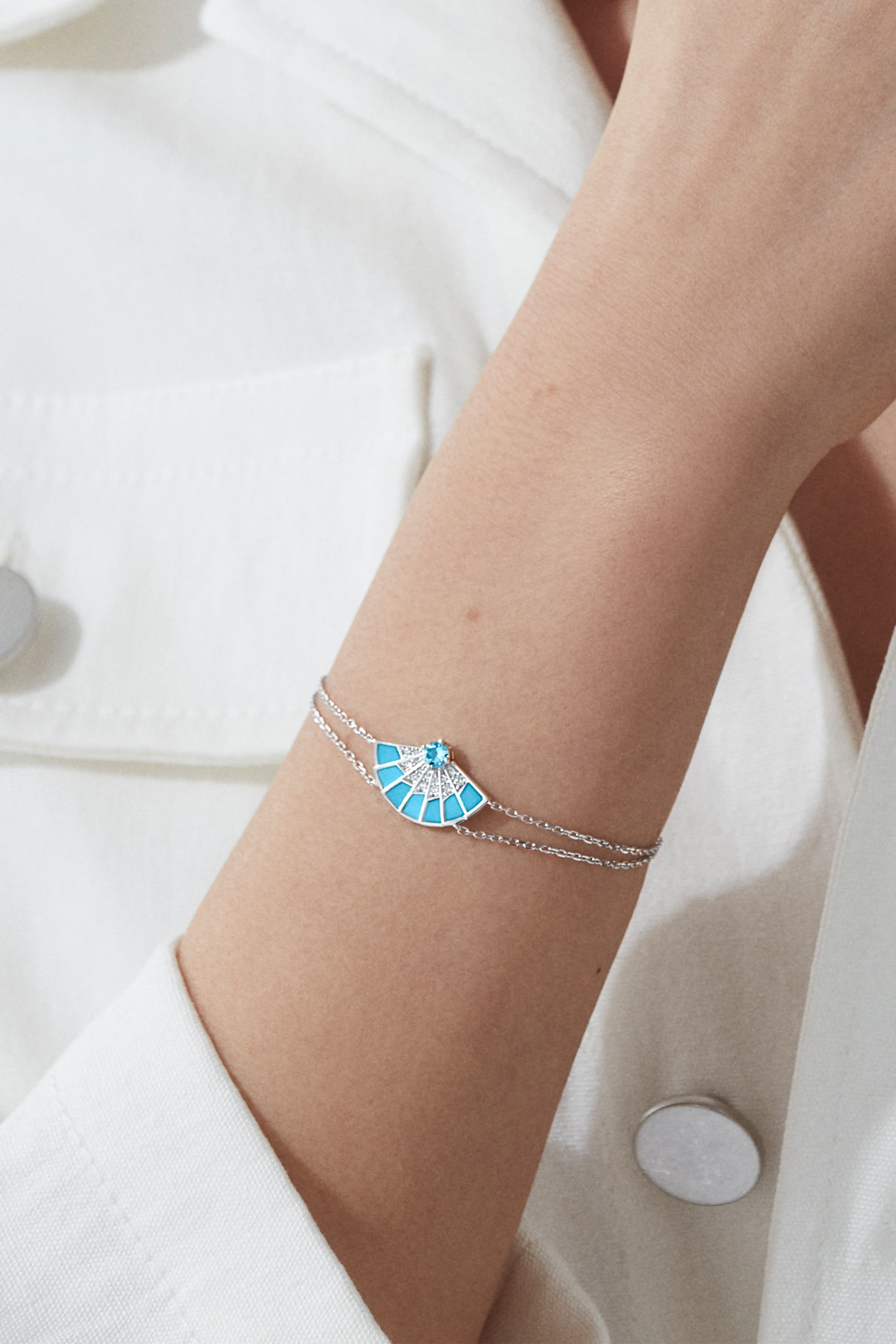 Fanfare Symphony Bracelet, 18K White Gold with Aquamarine, Diamonds & Turquoise