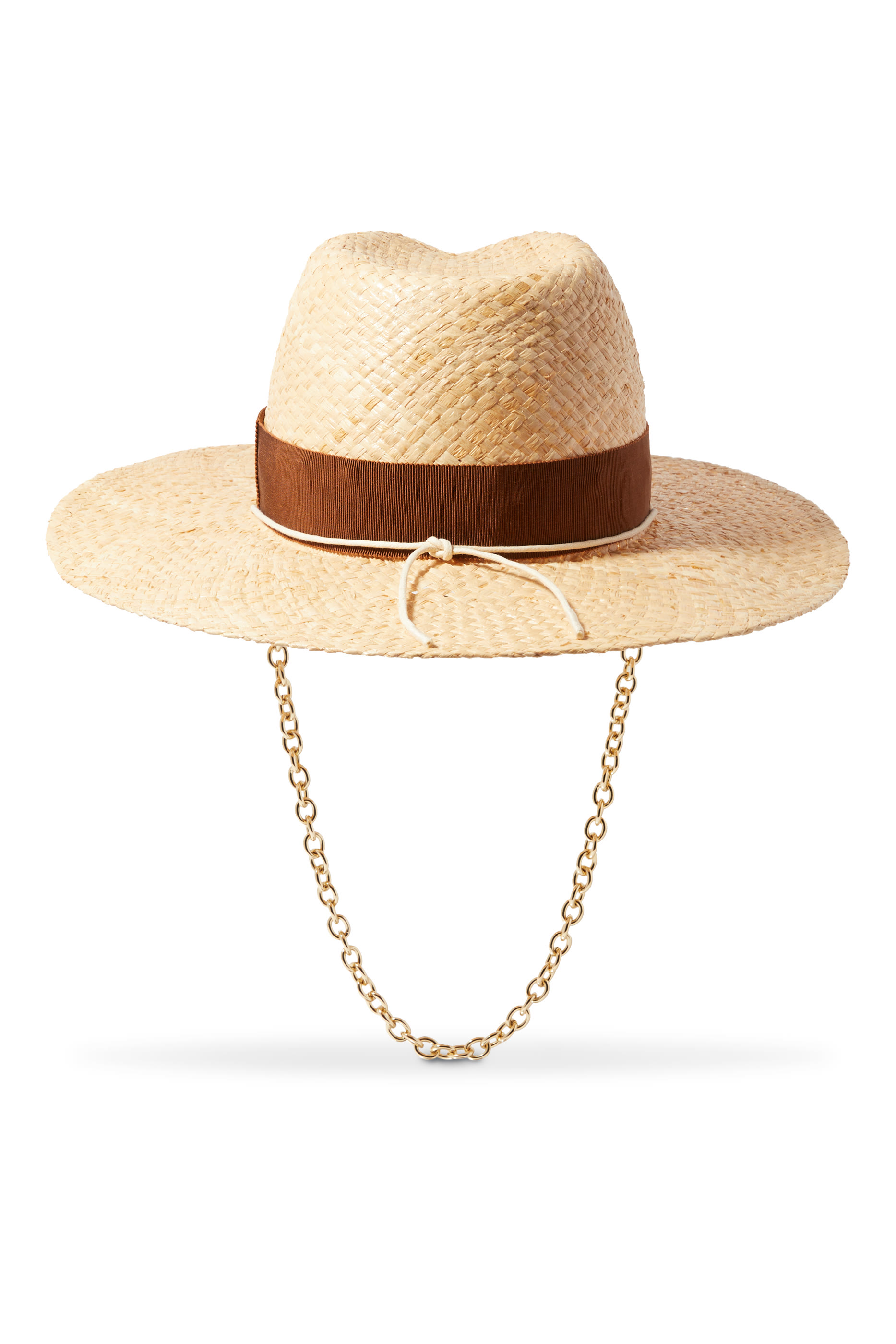 Monogram-Embellished Chain Strap Straw Fedora Hat