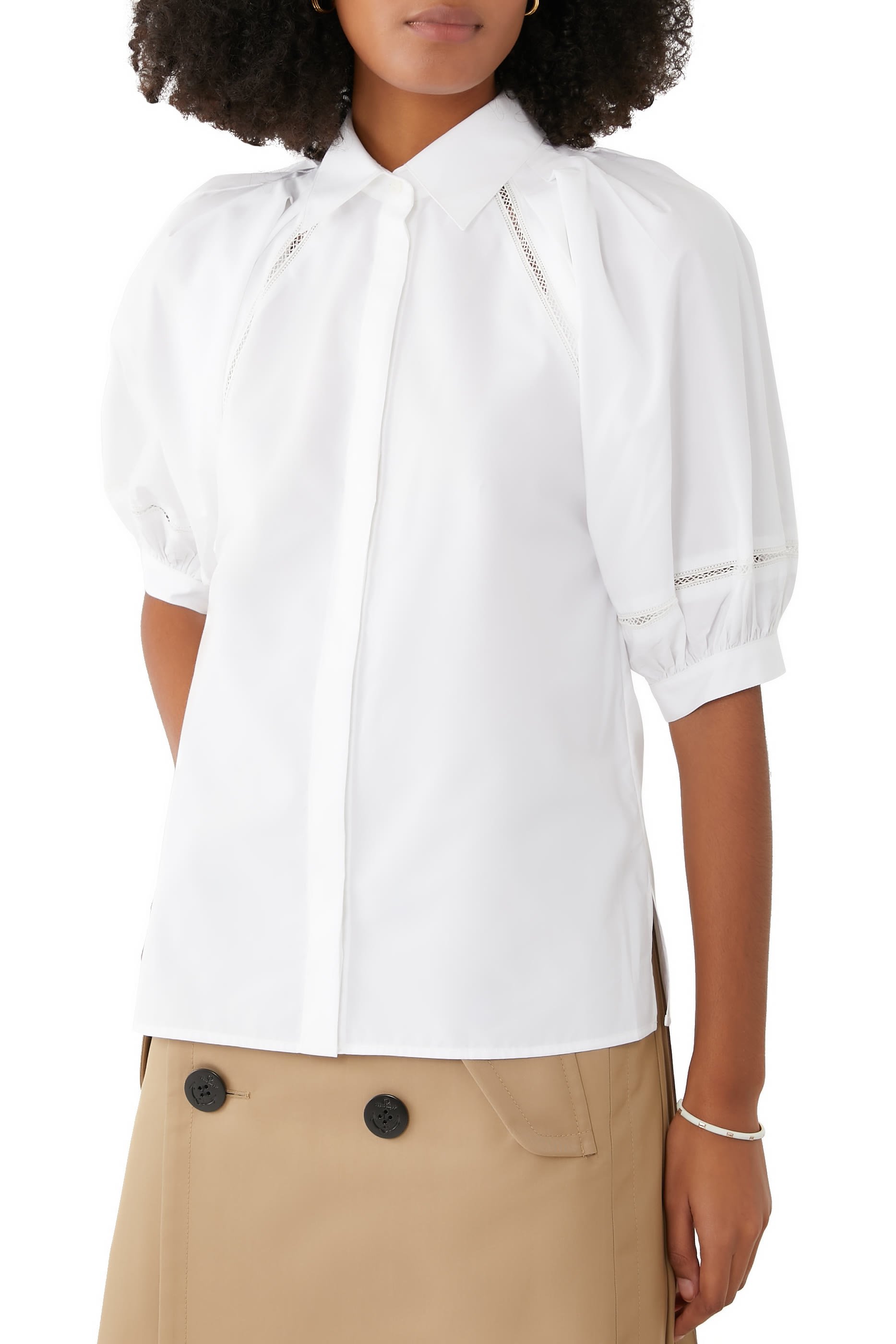Lantern Sleeve Shirt With Lattice Trim
