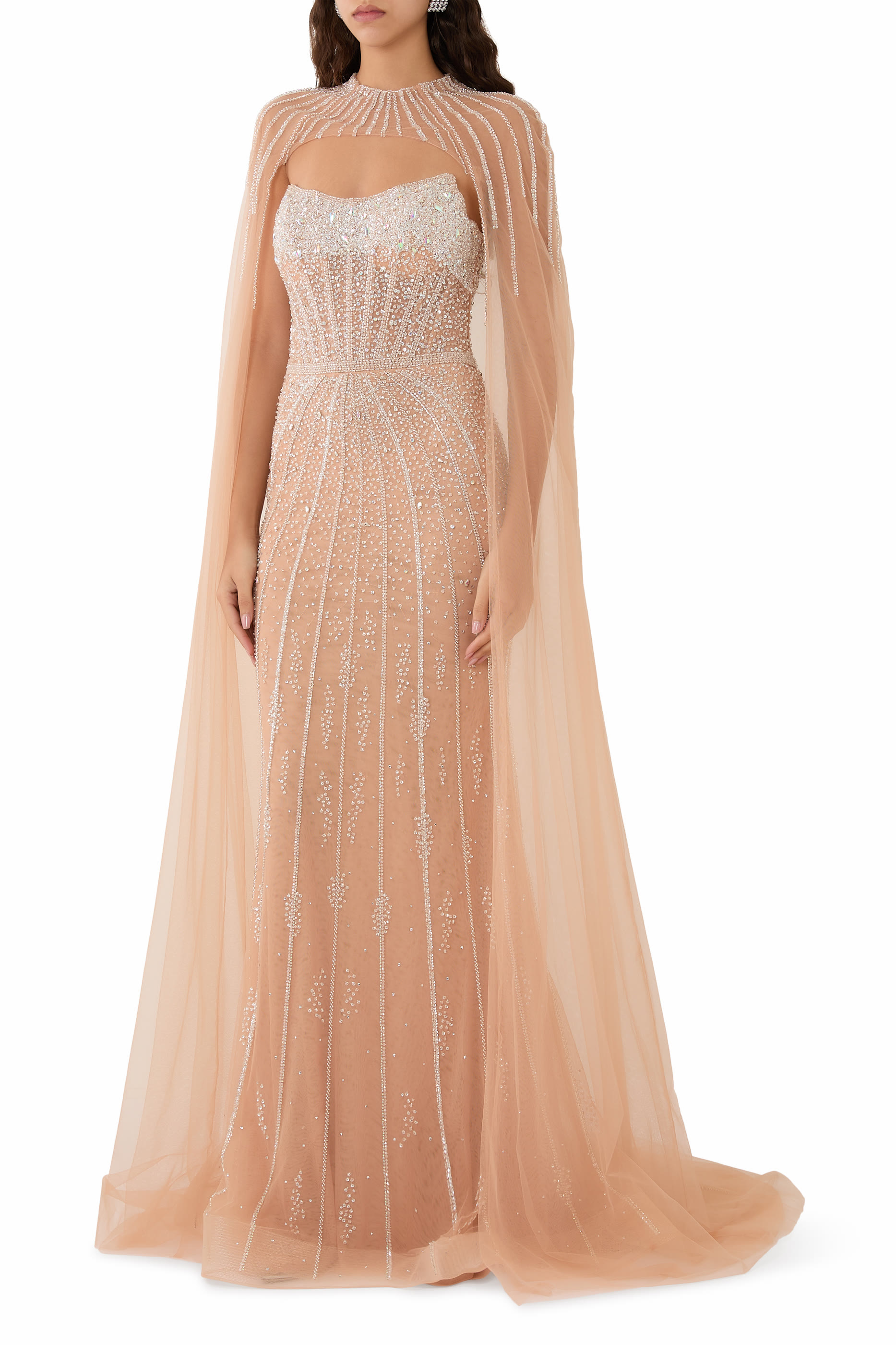 Elegant Cape Gown with Beaded Bodice and High Neckline