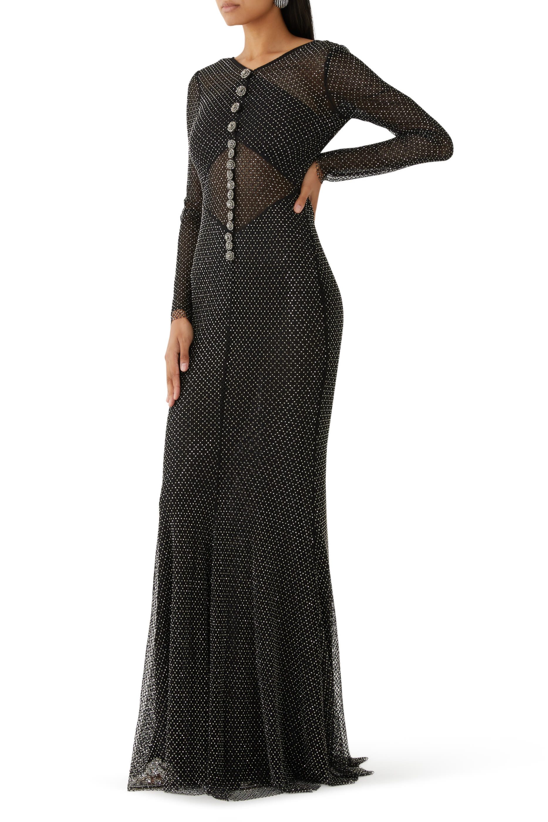 Rhinestone Fishnet Crossover Maxi Dress