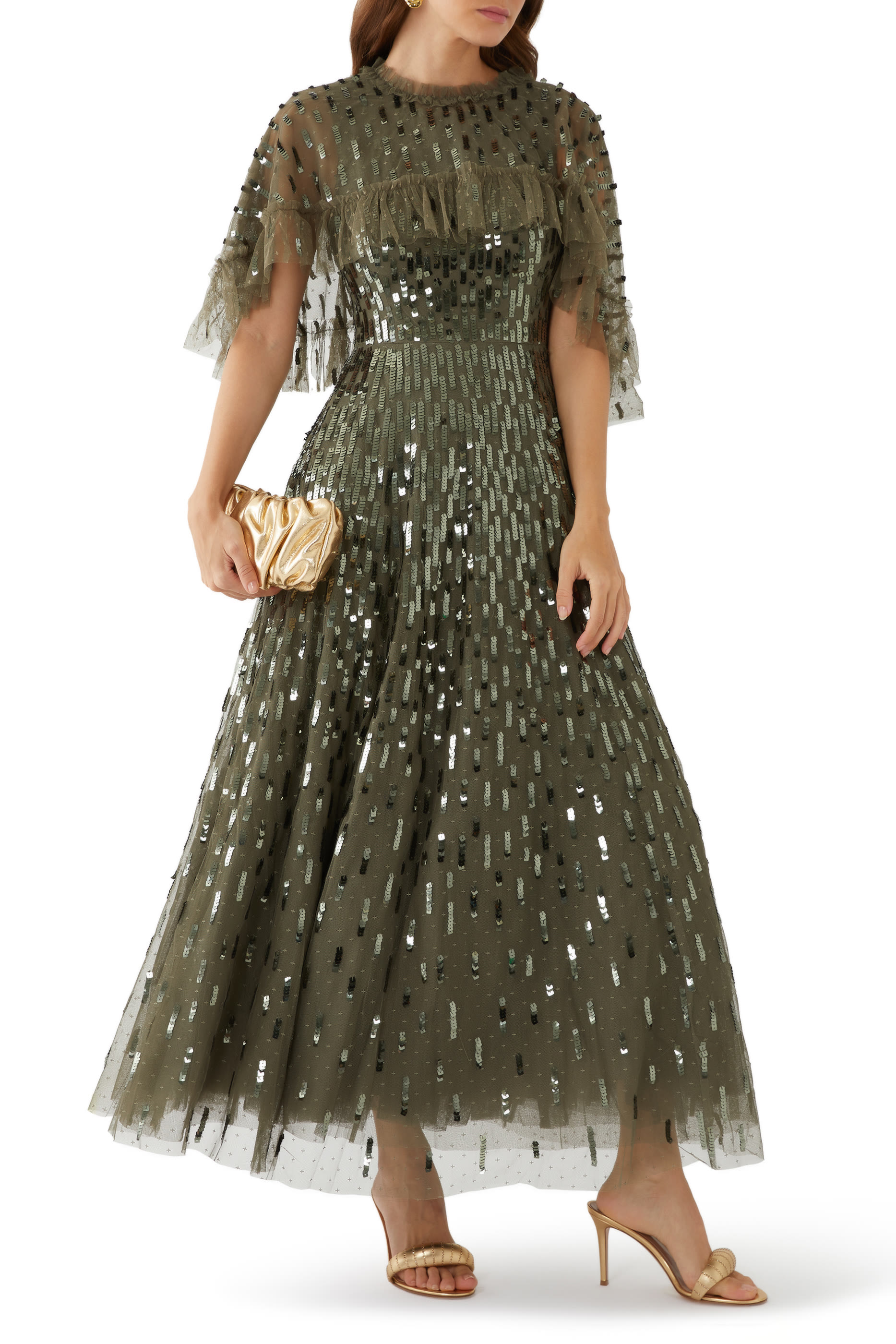 Sequin Dash Cape Ankle Gown