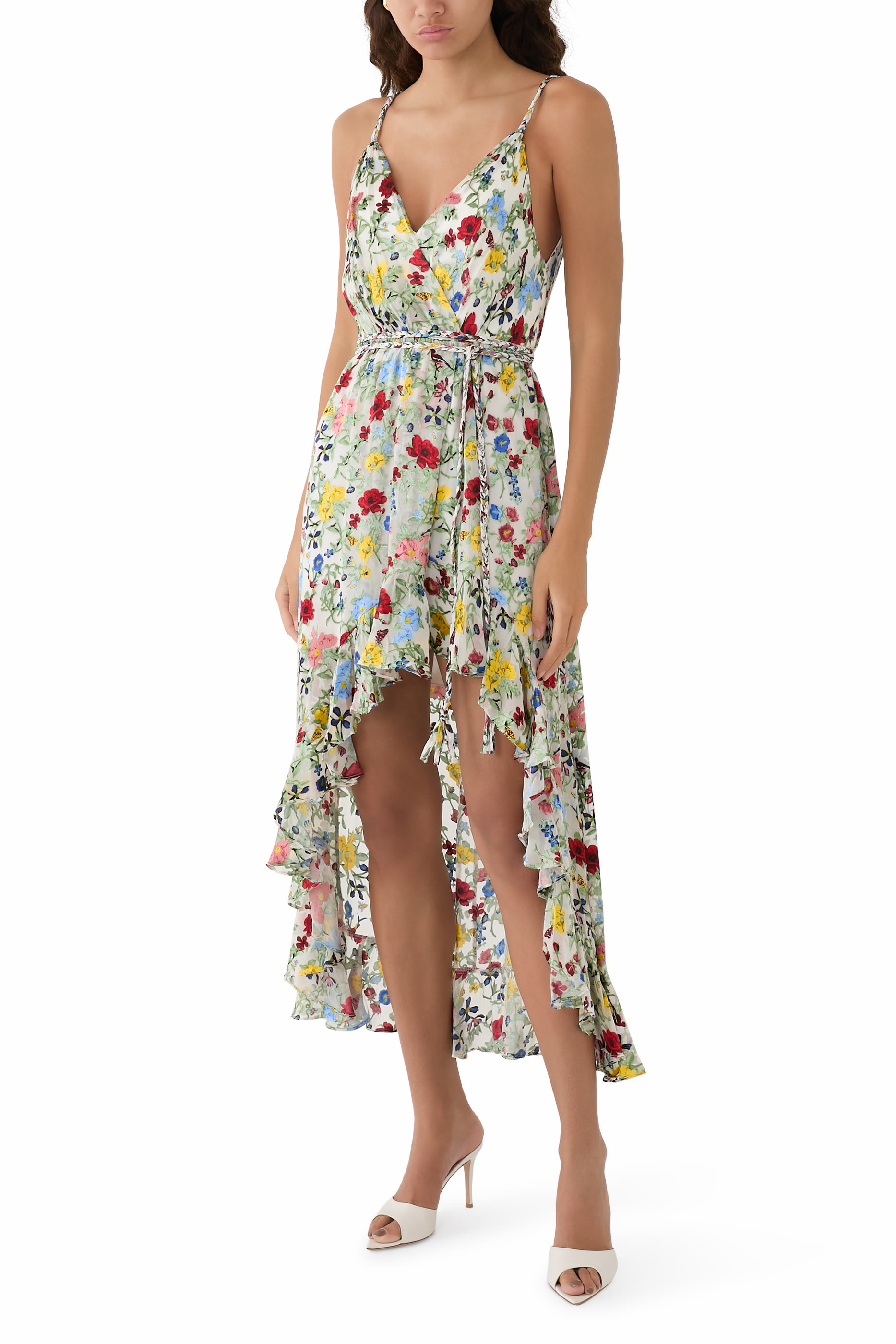 Tara Floral Cascading Ruffle Midi Dress