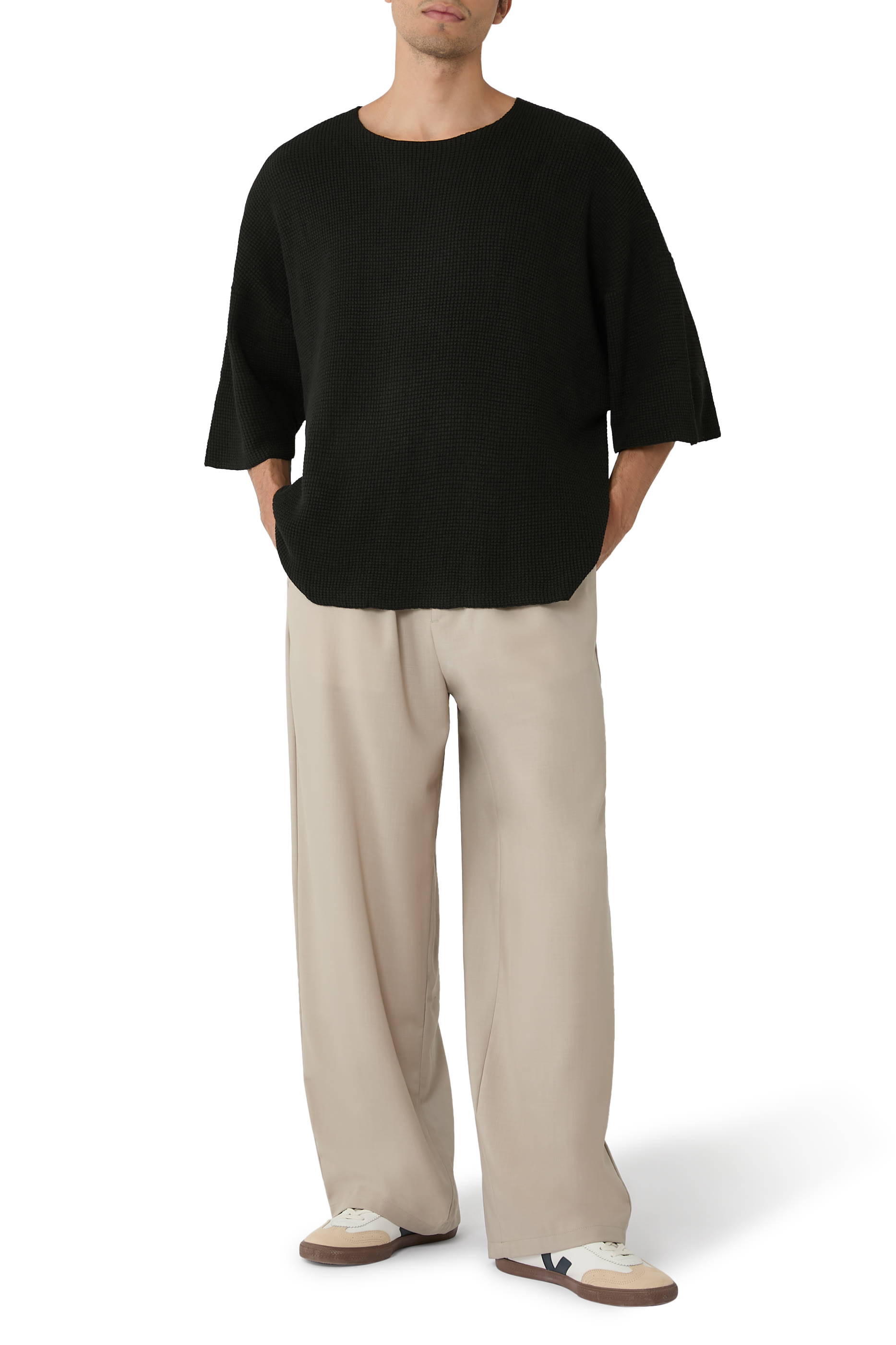  Waffle Short Sleeve Sweater