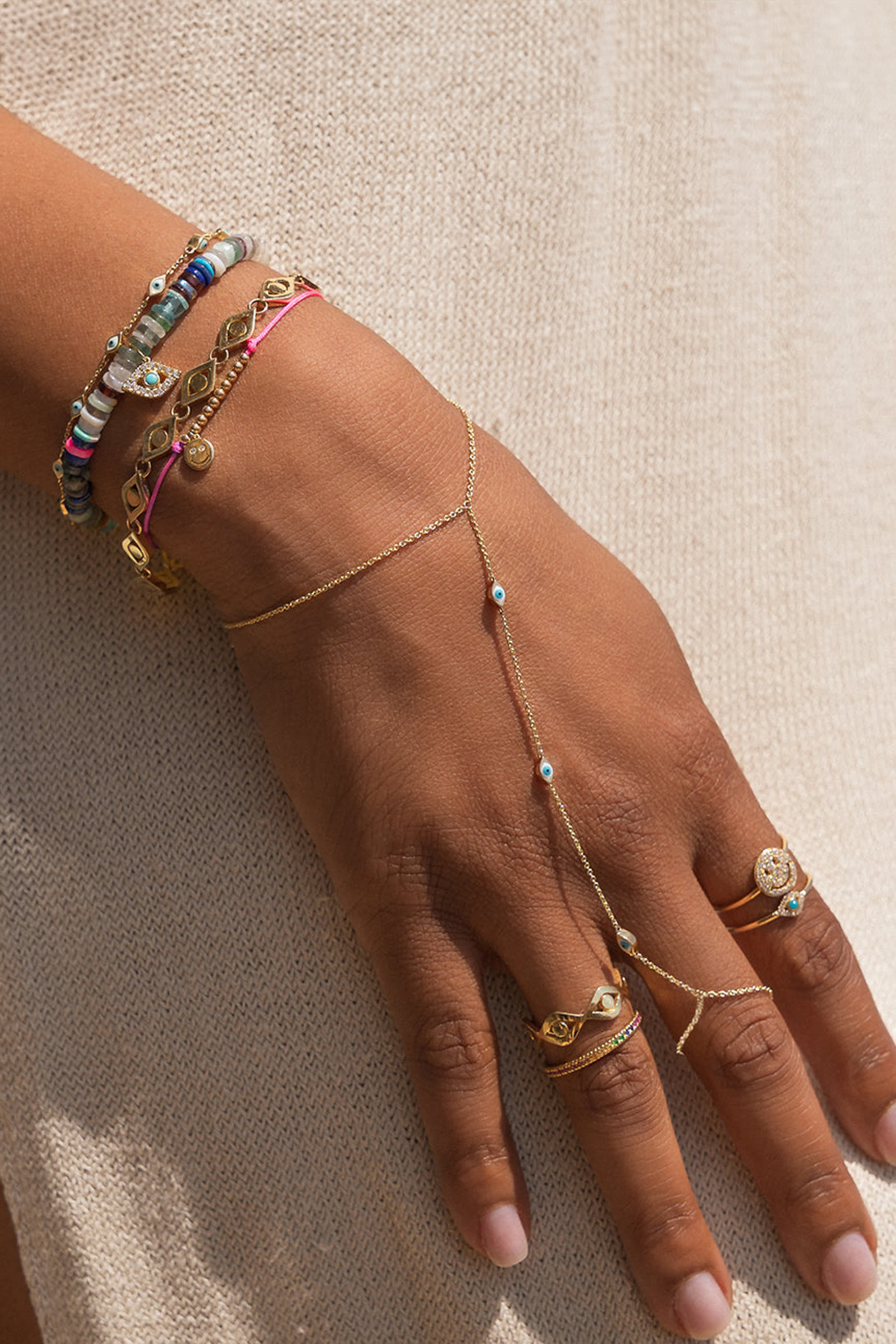 Evil Eye Princess Handchain, 14K Yellow Gold & Diamonds