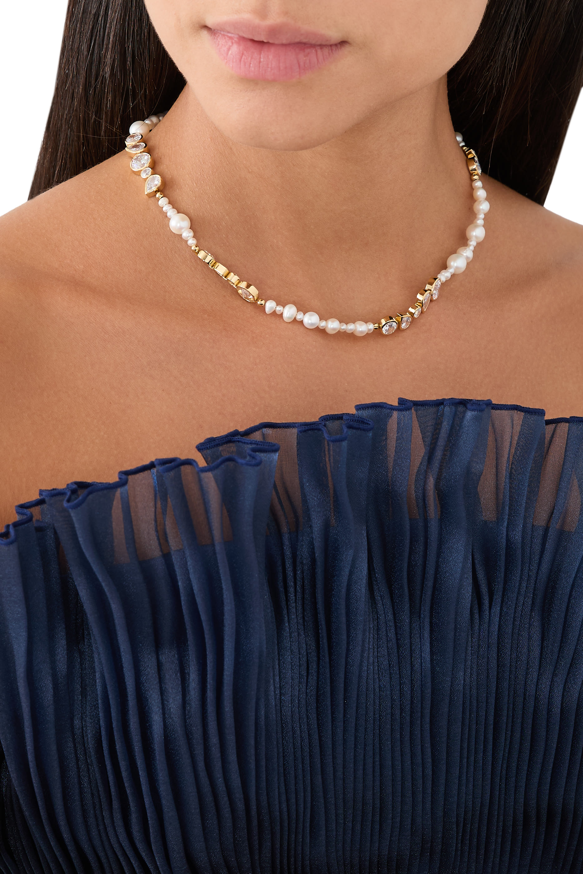 Glitch Necklace,  Recycled Sterling Silver Plated in 14ct Yellow Gold Vermeil, Pearl and Cubic Zirconia