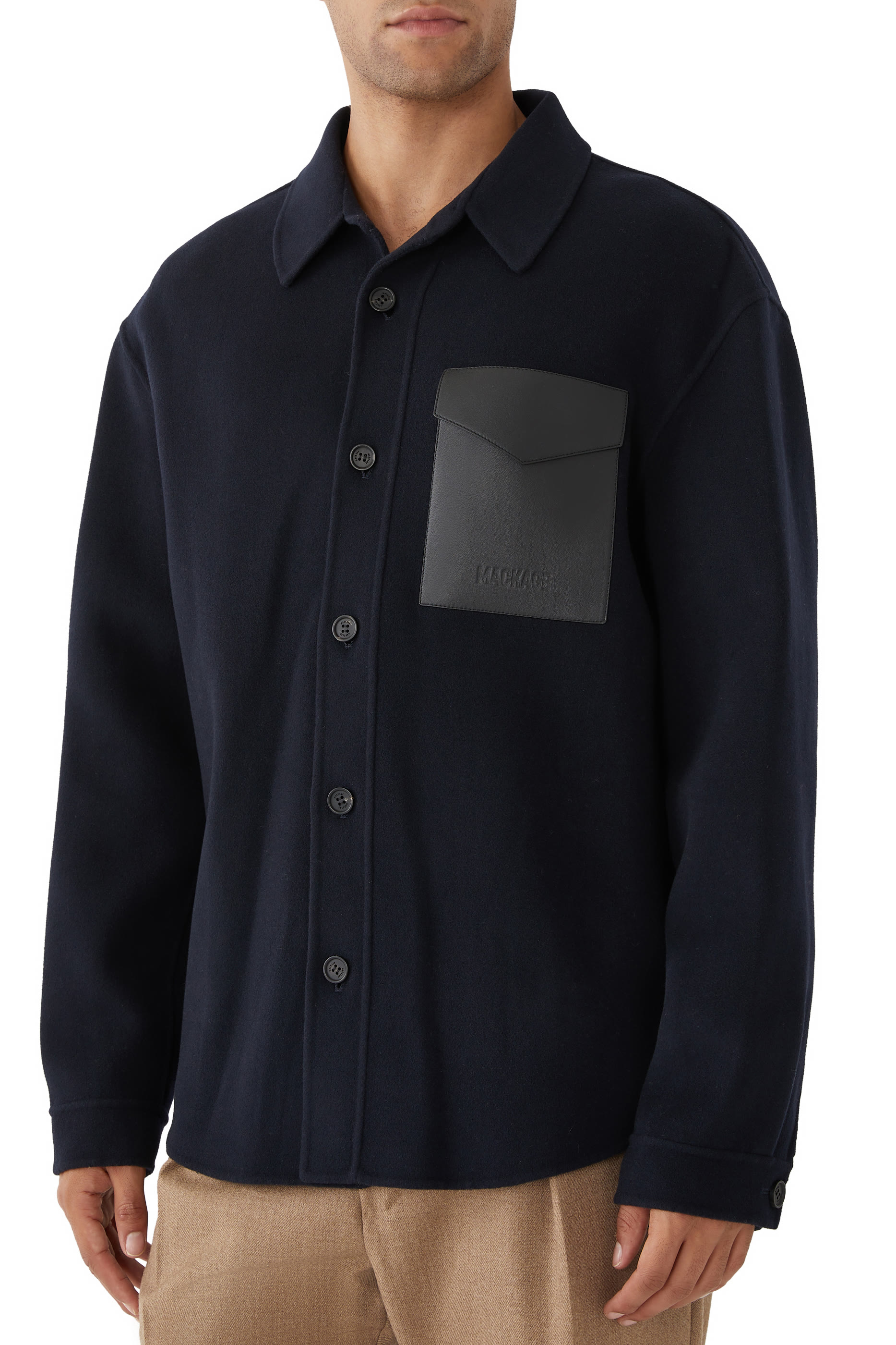 Emmanuel, Double-Face Wool Overshirt with Leather Patch Pocket