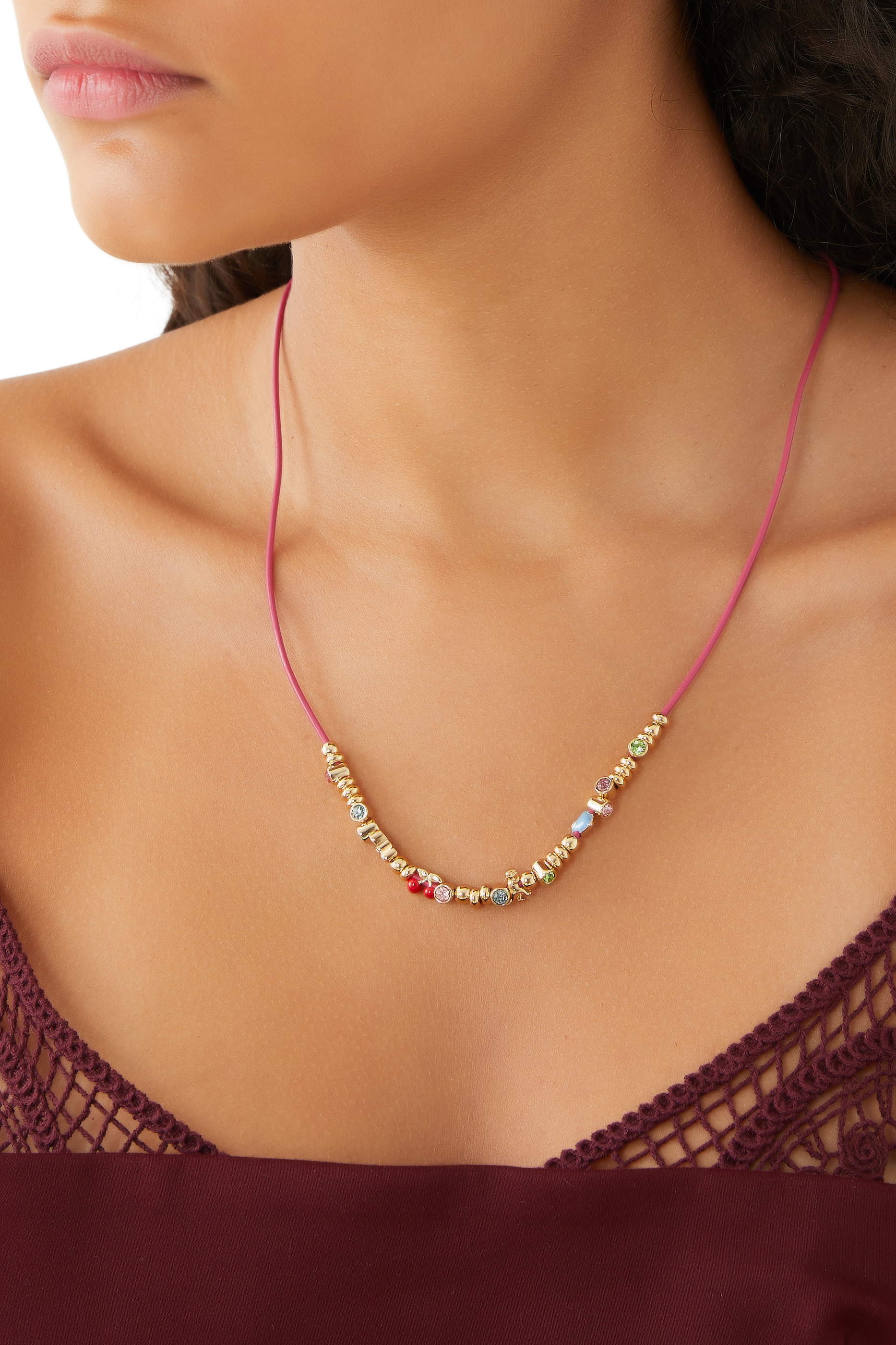 Signature Mixed Charm Leather Wrap Necklace