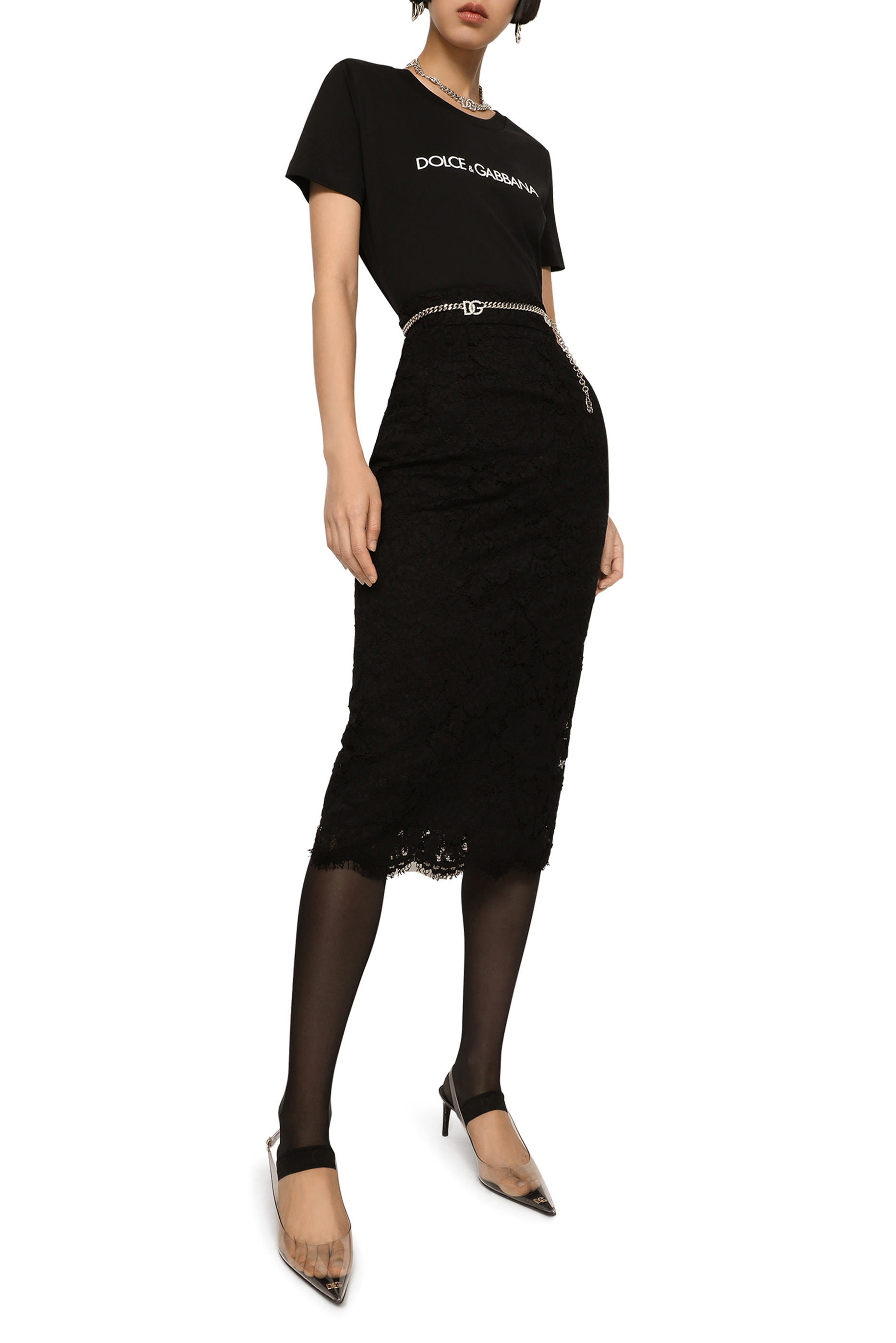 Branded Stretch Lace Midi Skirt