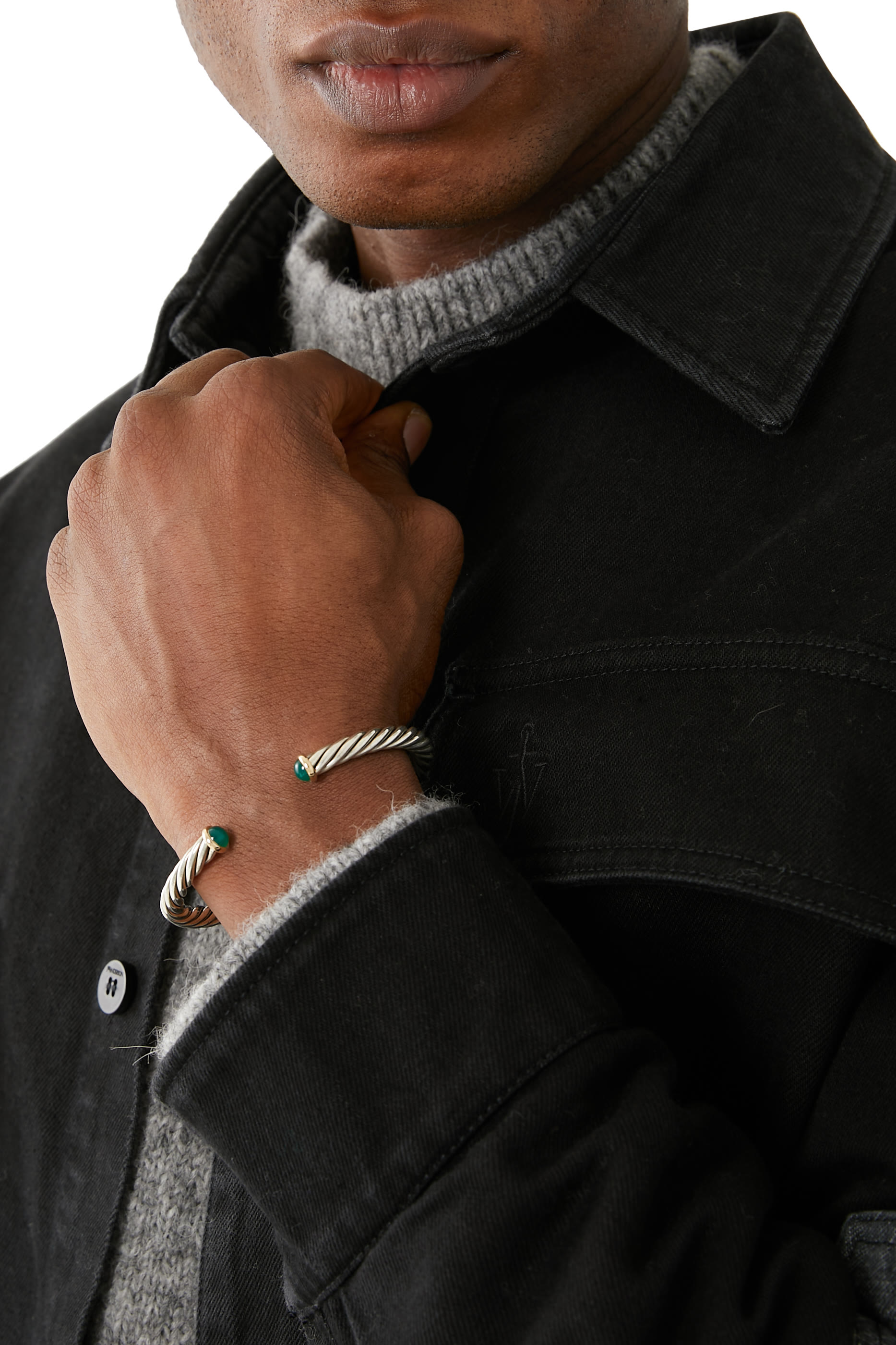 Green Onyx Cuff Bracelet, Sterling Silver and 14k Yellow Gold