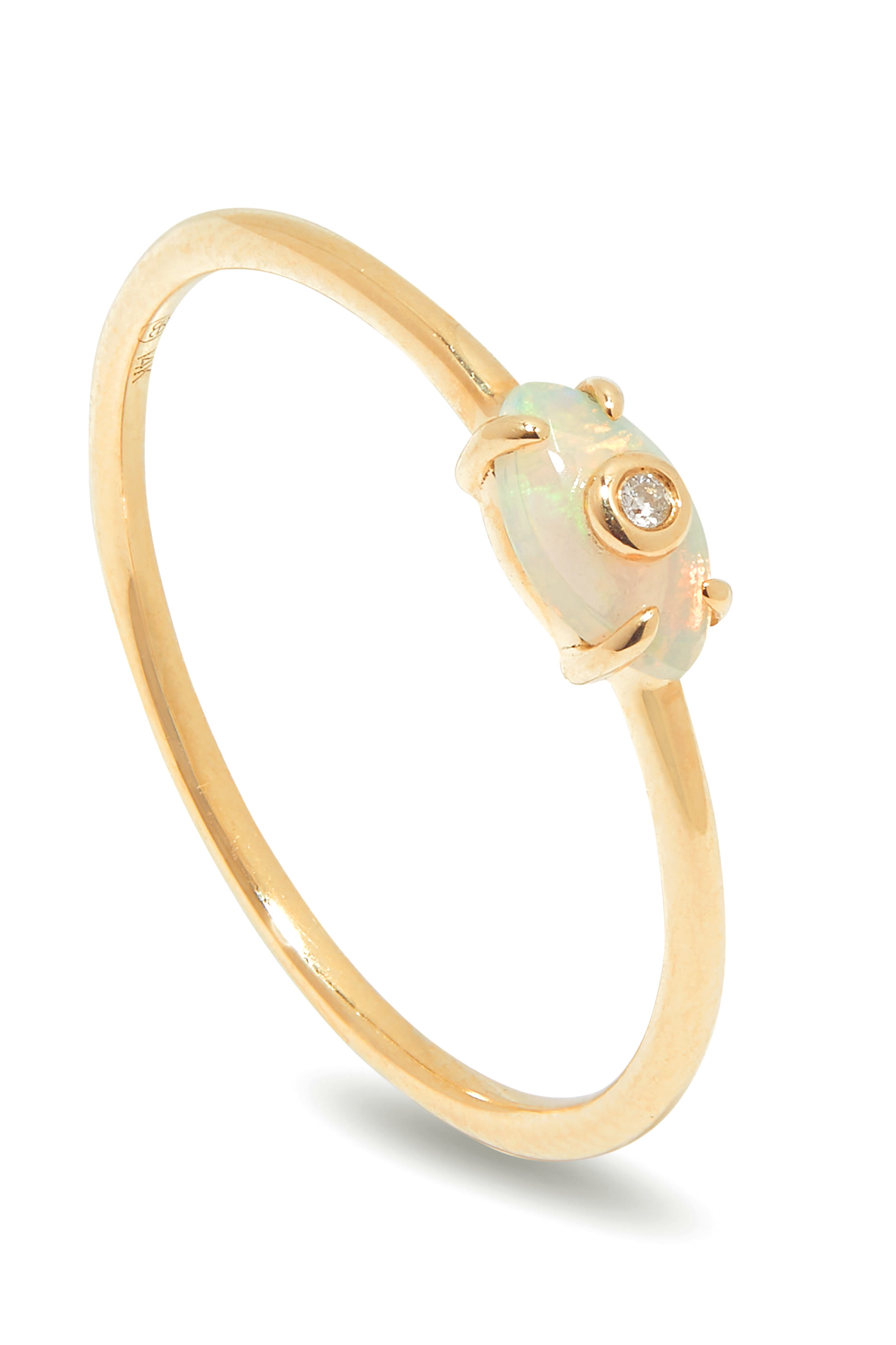 Tiny Carved Stone Evil Eye Ring, 14k Yellow Gold with Diamond & Opal