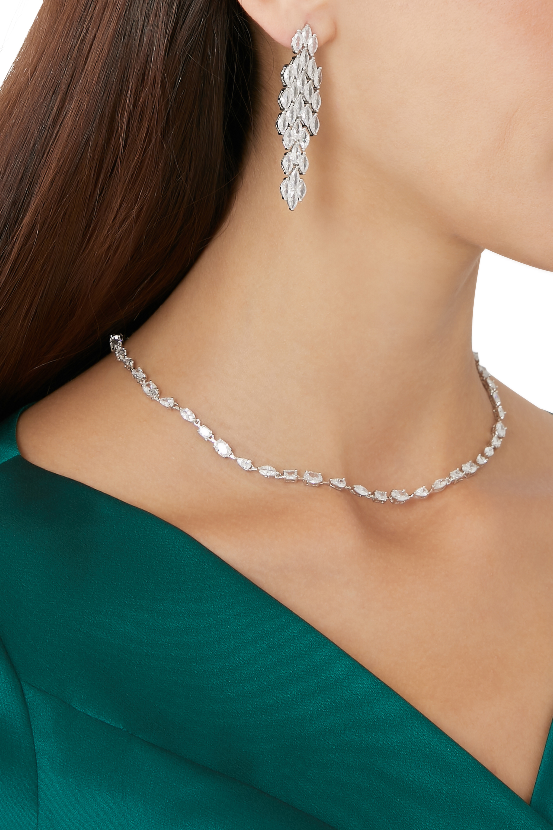 Multi-CZ Delicate Reviere Necklace, Rhodium-Plated Brass & Cubic Zirconia