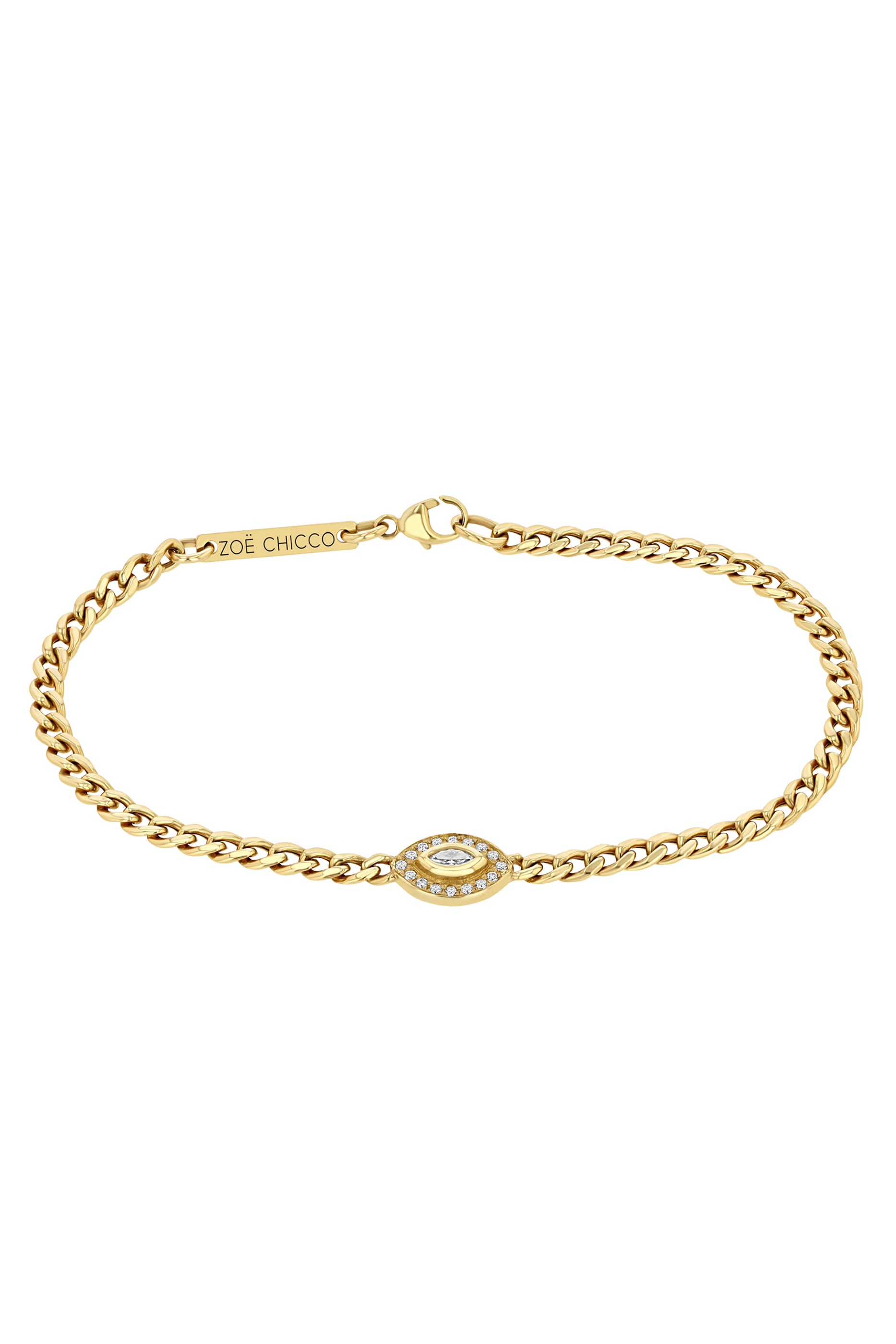 Small Curb Chain Bracelet, 14K Yellow Gold & Diamonds
