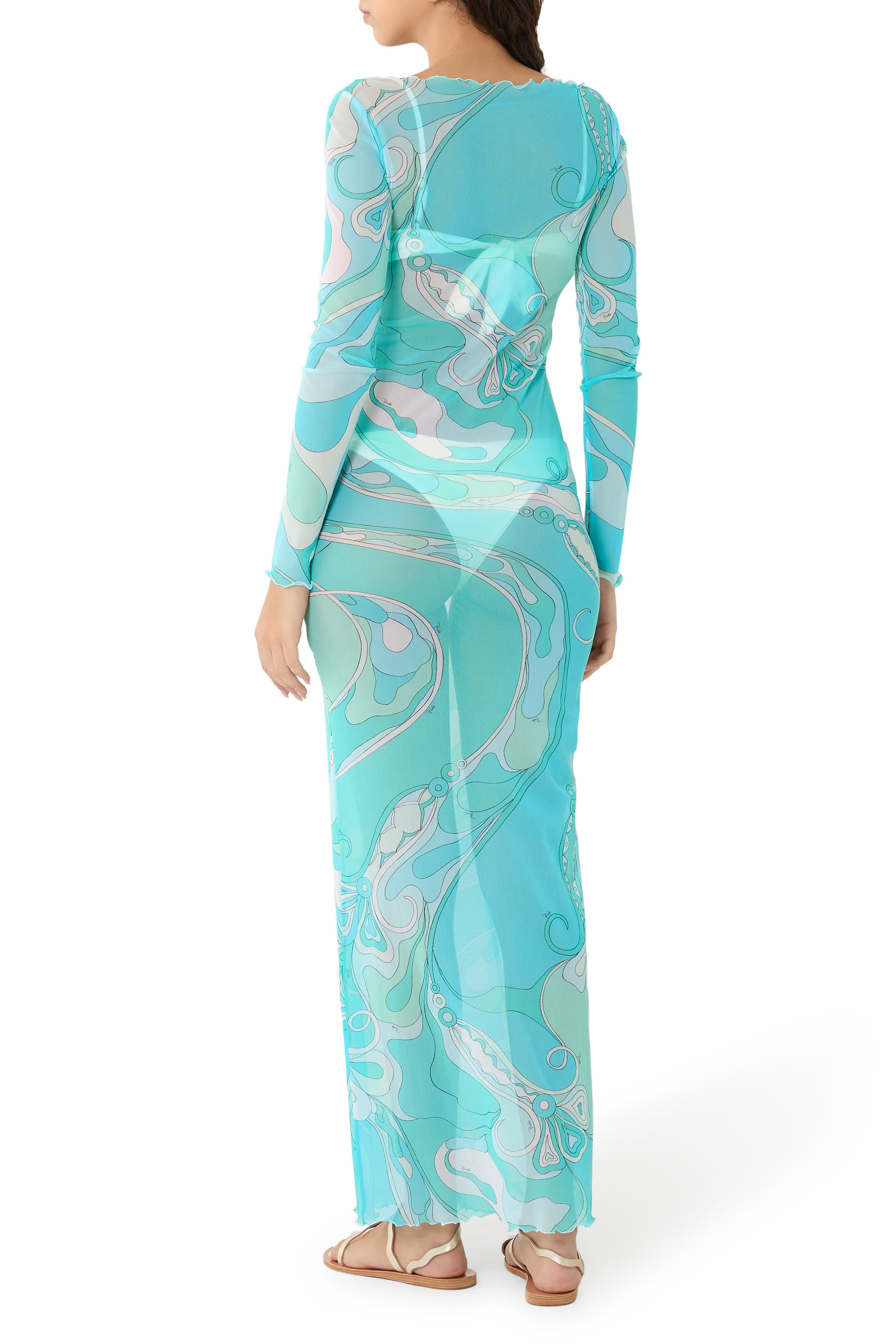 Abito Tulle Long-Sleeve Sheer Maxi Dress