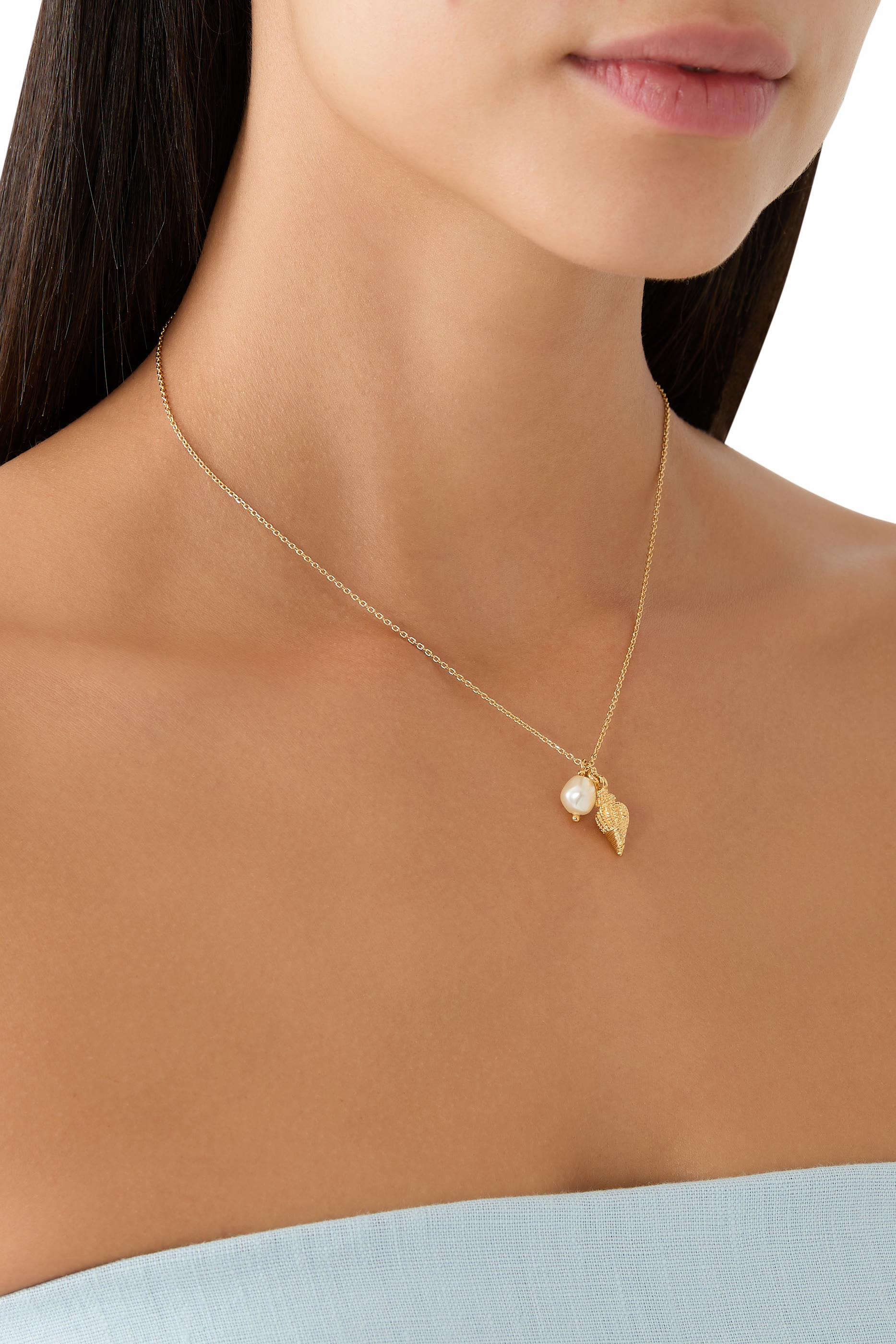 Shell Pearl Necklace, 18K Gold Plating & Pearl