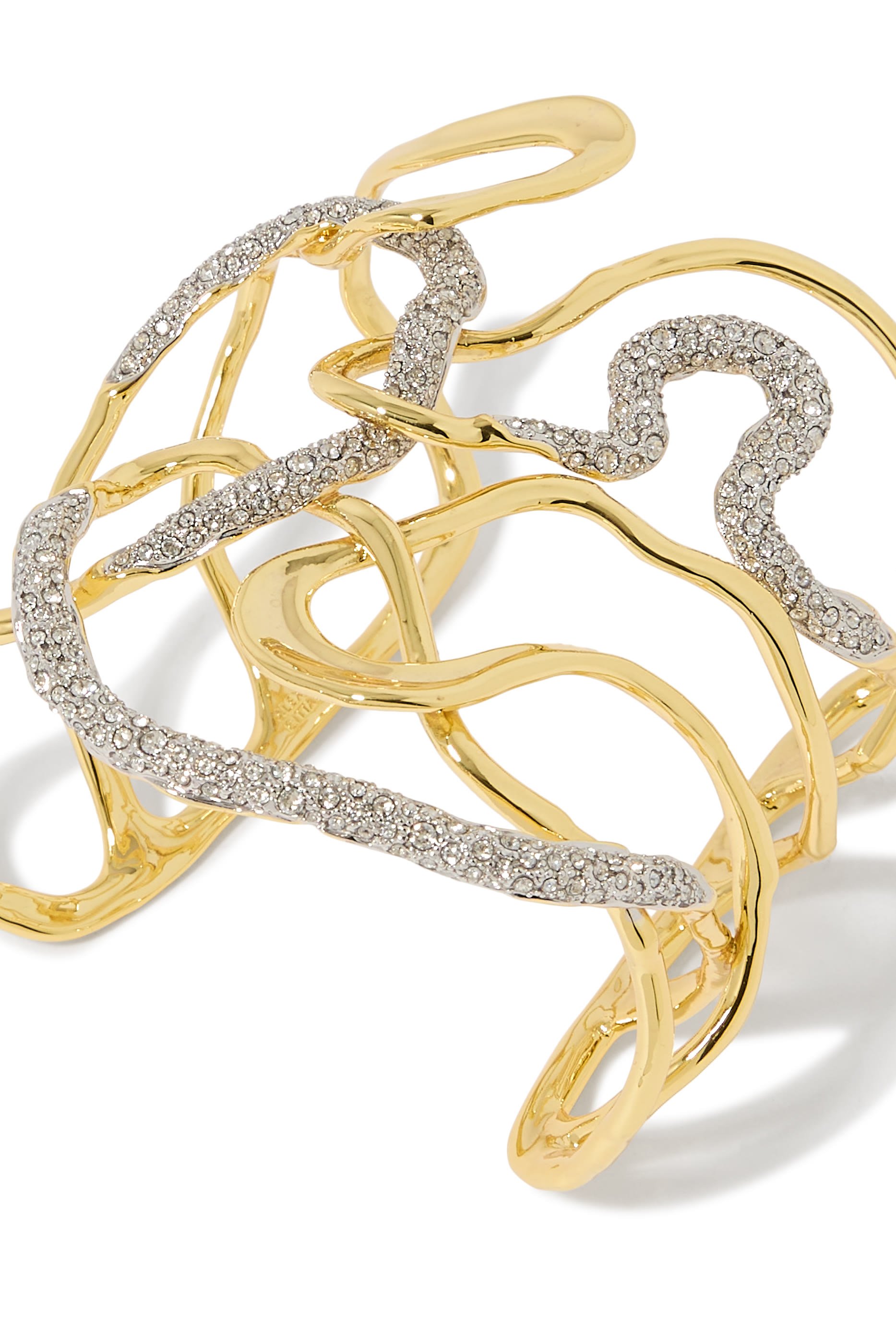 Solanales Crystal Intertwined Cuff Bracelet, 14k Gold Plated Brass with Rhodium Tone Plated Brass & Crystal