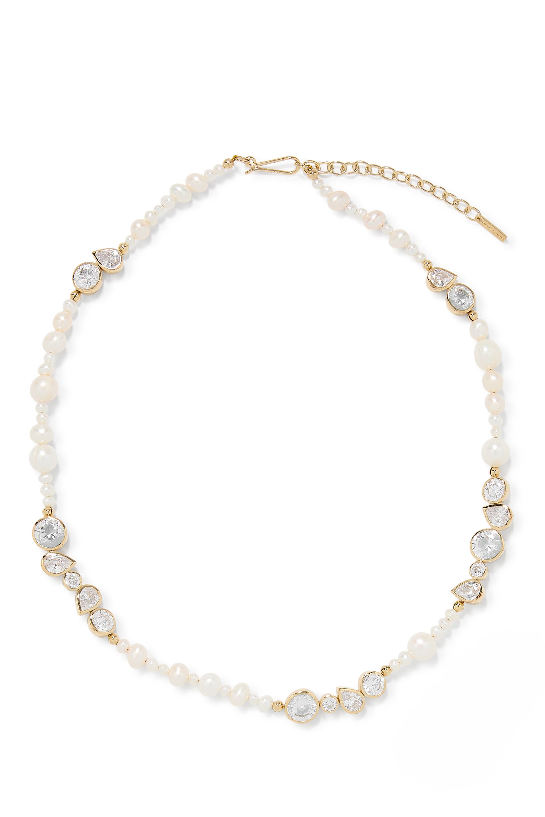 Glitch Necklace,  Recycled Sterling Silver Plated in 14ct Yellow Gold Vermeil, Pearl and Cubic Zirconia