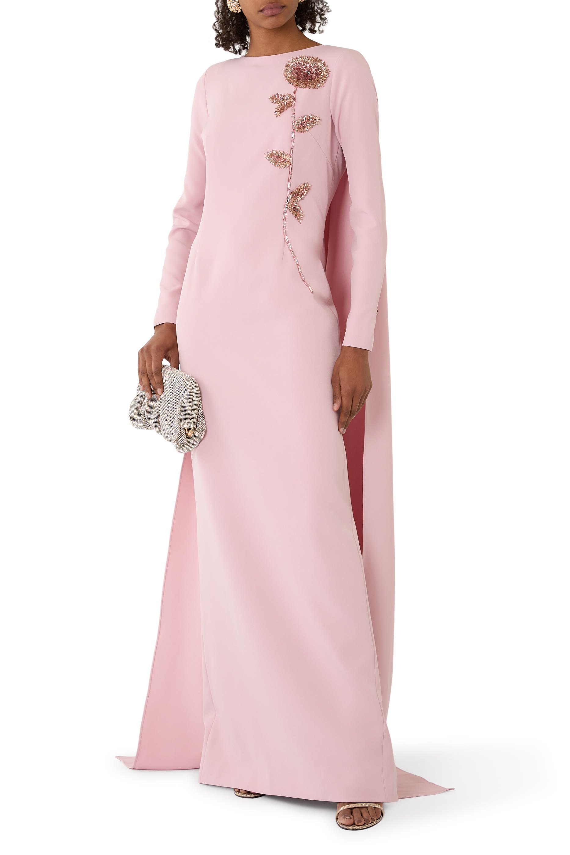 Crepe Beaded Flower Applique Cape Back Gown