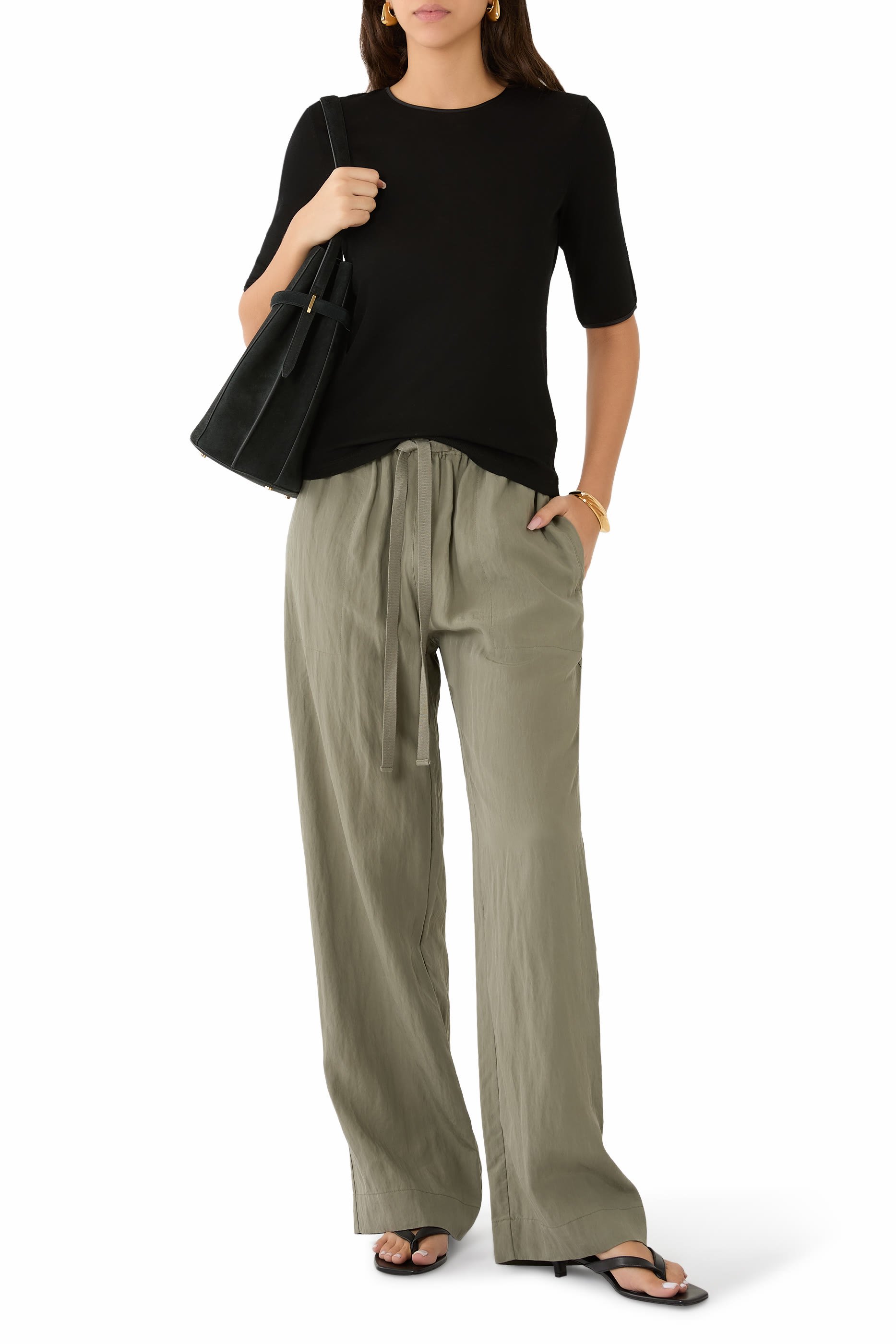 Satin-Trim Wool Elbow-Sleeve T-Shirt 