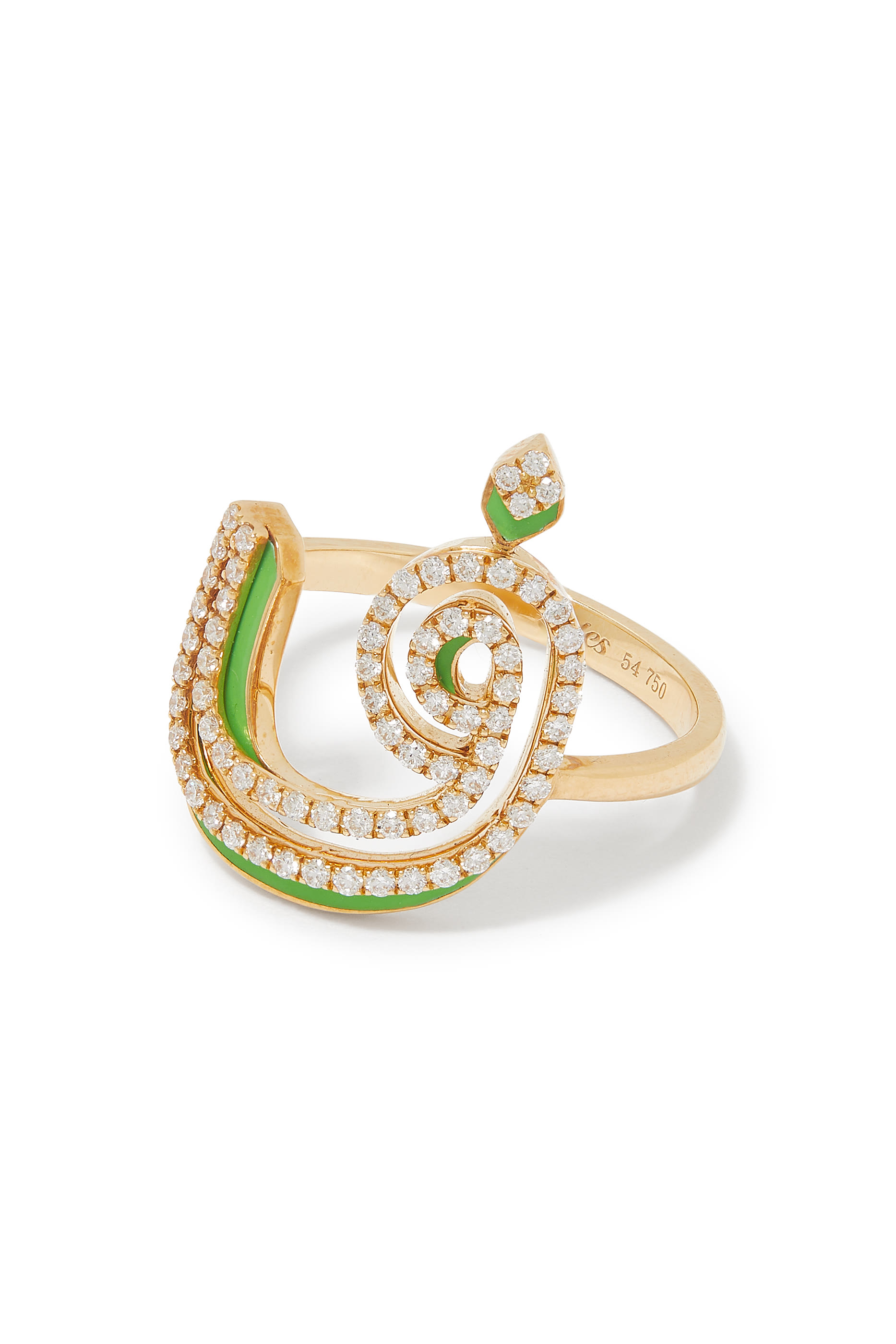 Letter F Silhouette Ring, 18K Yellow Gold with Diamonds & Enamel