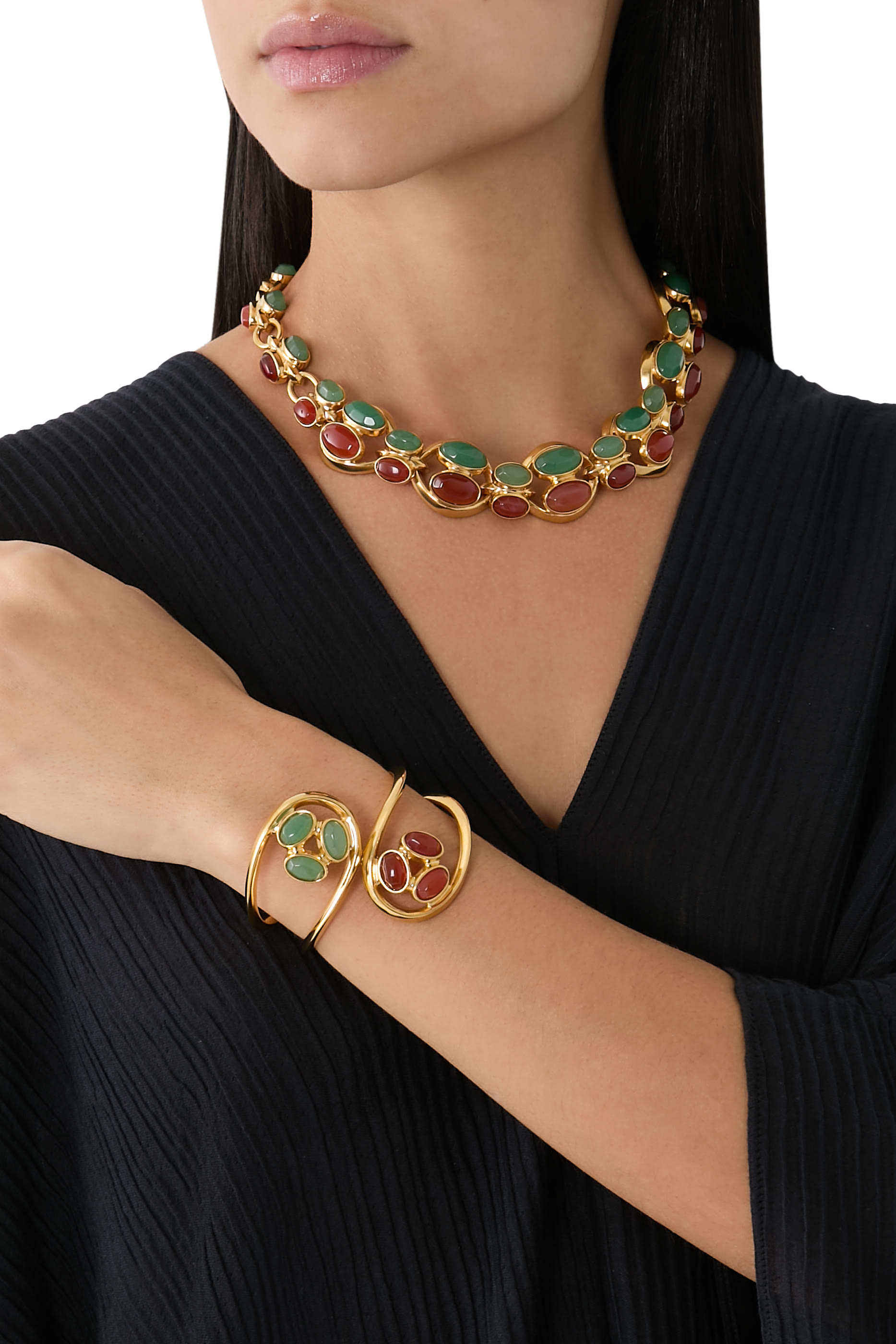 Bosphore Cuffs,  24K Gold-Plated Brass with Aventurine & Cornelian