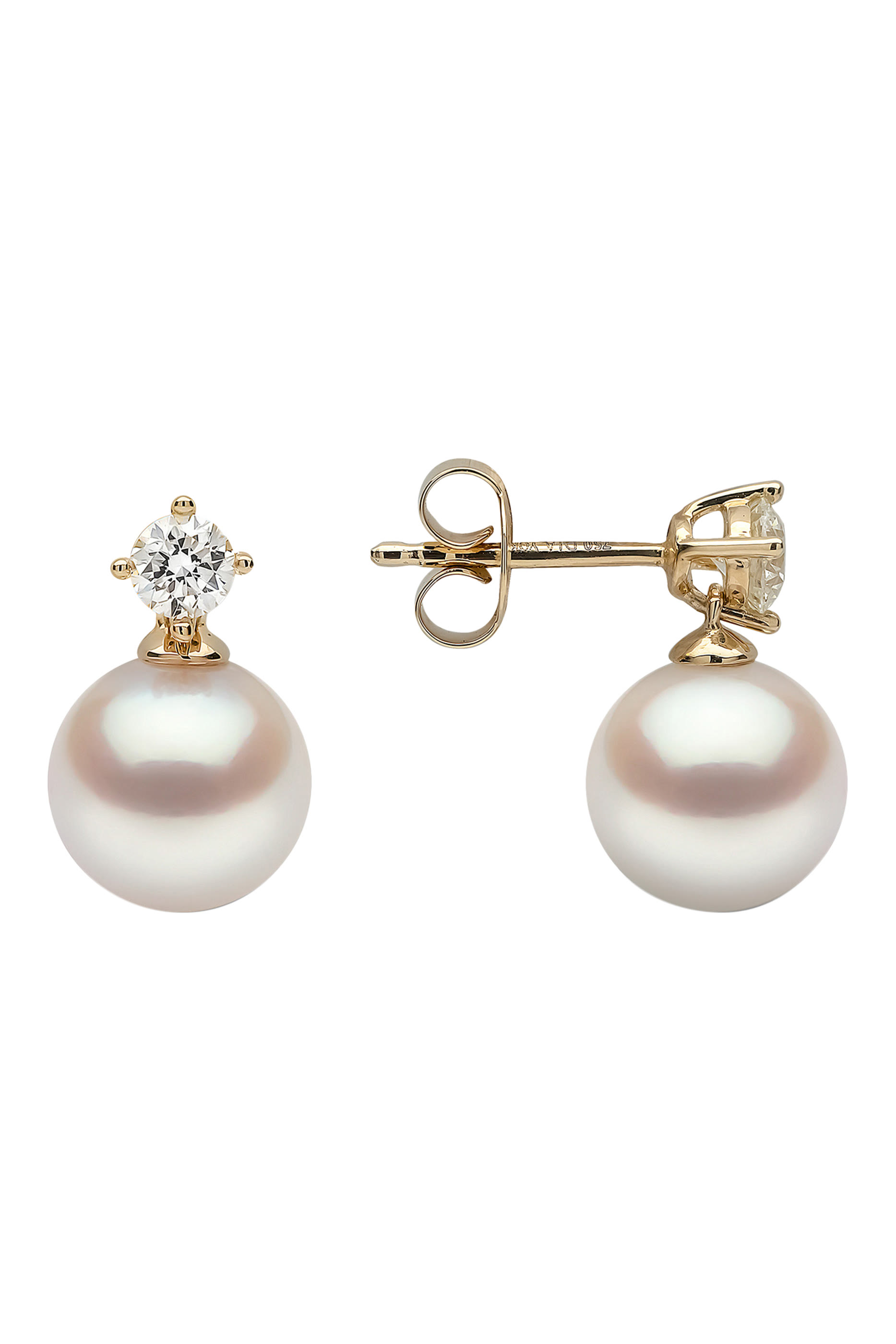 Classic Earrings, 18k Yellow Gold, Diamond & 8mm Pearl