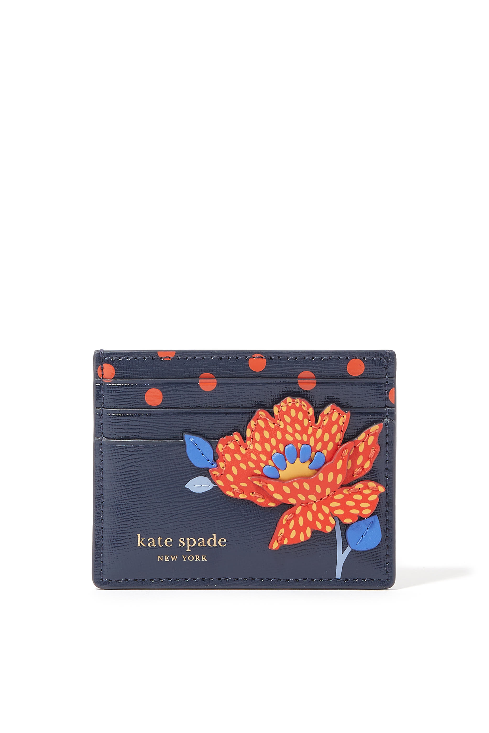 Dotty Bloom Flower Applique Leather Card Holder