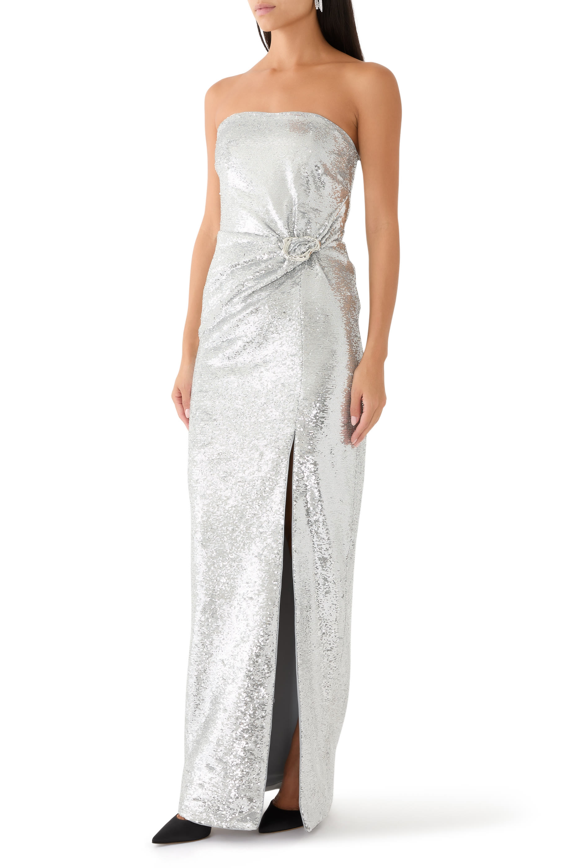 Strapless Sequin Buckle Gown