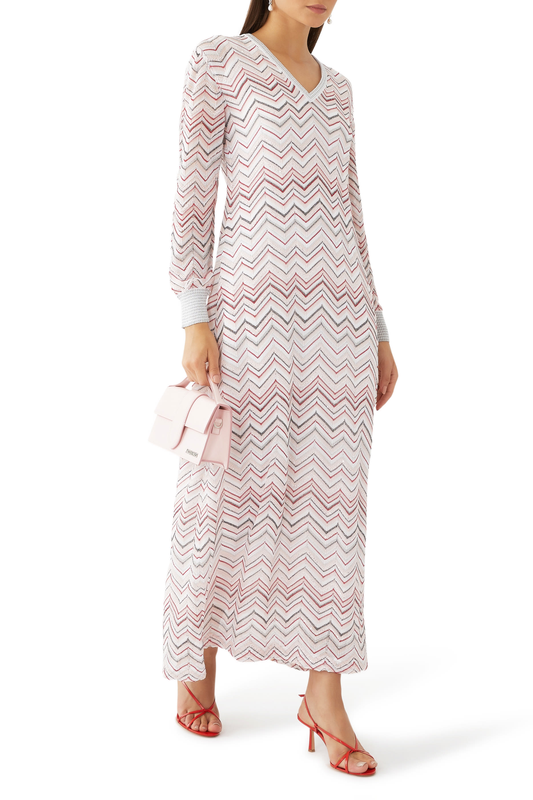 Zigzag Knit V-Neck Long Dress