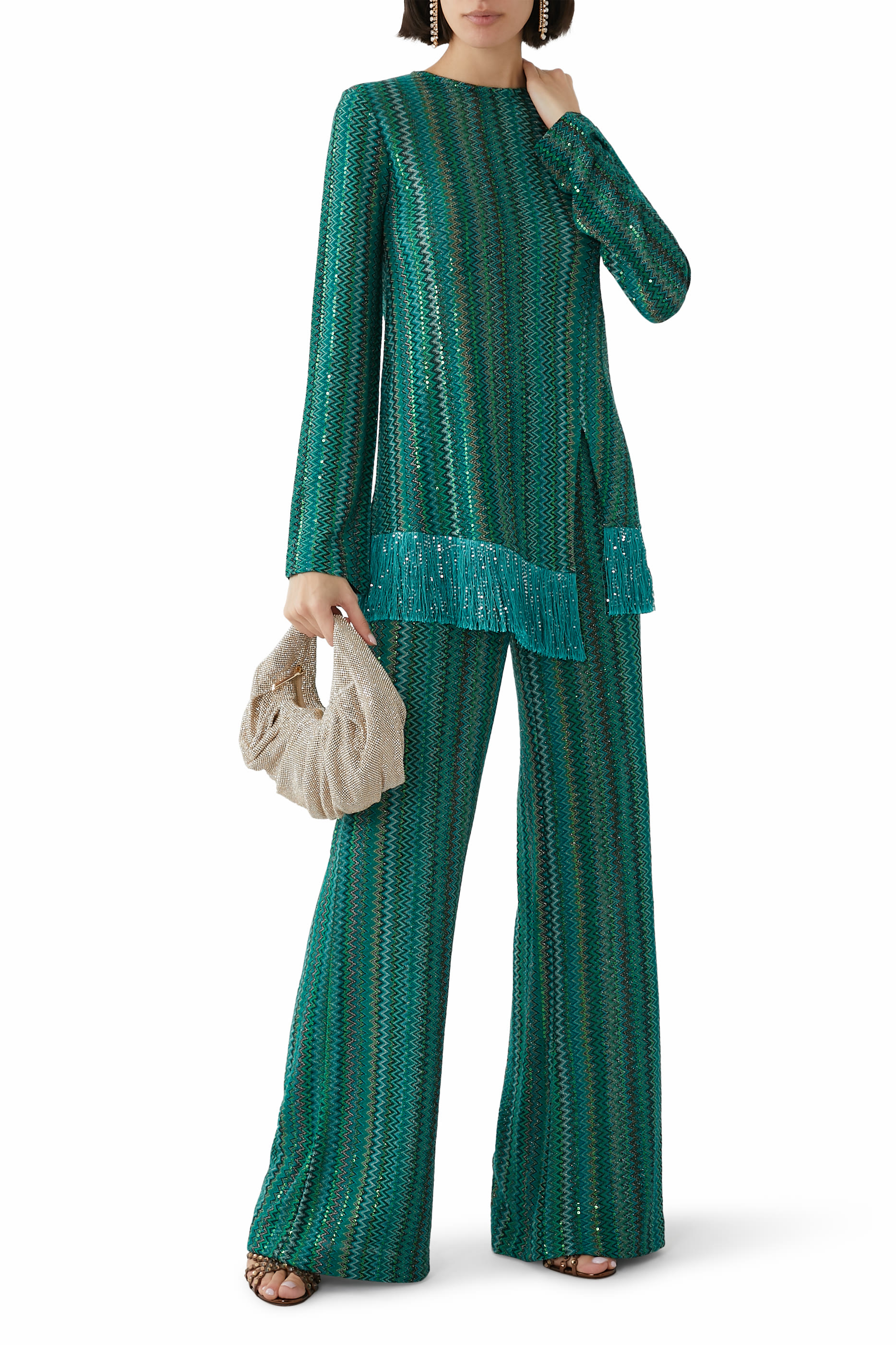 Exclusive Chevron Raschel Sequinned Wide Leg Pants